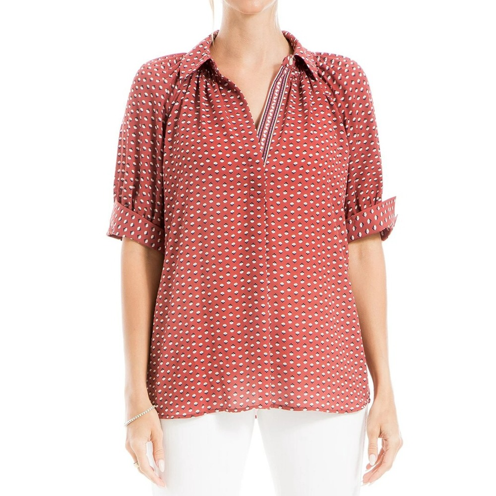 Max Studio London Blouse Women 2X Burgundy Geometric Floral V-Neck Roll Tab